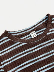 SHEIN Girlism 青少年女孩 T-Shirt 套裝 2 件組，條紋棕色時尚休閒圓領短袖長袖 T-Shirt + 寬鬆寬腿長褲 - 咖啡棕 - 查看 4
