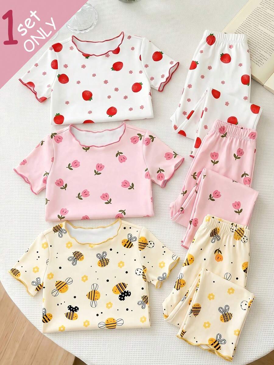 SHEIN 【随机3套,寄送1套】女婴睡衣,甜美蜜蜂、草莓、碎花荷叶边圆领短袖上衣和长裤两件套家居服,春夏四季皆宜 - 彩色 - 查看 1