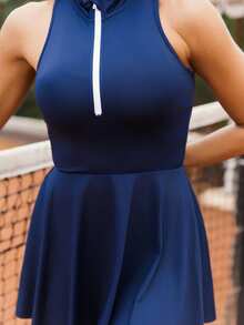 Maju Mazalli Women's Sleeveless Navy Blue Summer Casual Gym Sports Dress,Contrast Half-Open Collar,Built-In Pocket Shorts,2PCS Set For Tennis,Golf,Running,Yoga - Navy Blue - View 3