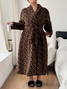 Napfluff CURVE Napfluff CURVE Women's Plus Size Casual Lapel Leopard Print Jacquard Fleece Long Robe, Autumn/Winter - Multicolor - View 4