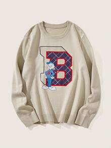 LOONEY TUNES X SHEIN Men's Casual Cartoon & Plaid Letter Pattern Dropped Shoulder Loose Pullover Sweater - Apricot - View 1