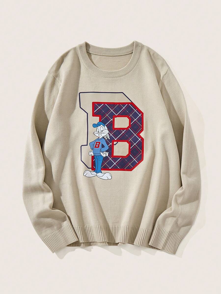 LOONEY TUNES X SHEIN Men's Casual Cartoon & Plaid Letter Pattern Dropped Shoulder Loose Pullover Sweater - Apricot - View 1
