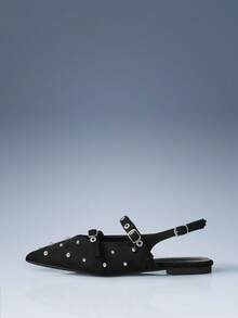 CUCCOO GRLICON Sepatu Flat Wanita Retro Serbaguna Mary Jane dengan Ujung Lancip dan Hiasan Paku Keling di Bagian Belakang, Terbuat dari Beludru Hitam. - Hitam - View 2