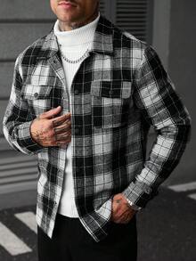 Manfinity Homme 男士休閒時尚黑白格紋百搭優雅羊毛 - 黑與白 - 查看 6