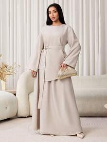 Veilorie Women's Solid Color Round Neck Long Sleeve Shirt And Skirt Casual 2-Piece Set - Grey - View 1