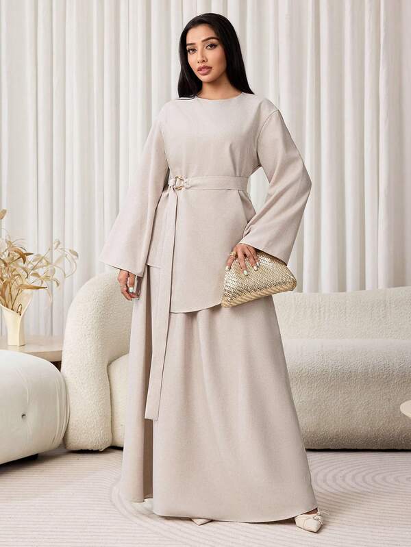 Veilorie Women's Solid Color Round Neck Long Sleeve Shirt And Skirt Casual 2-Piece Set