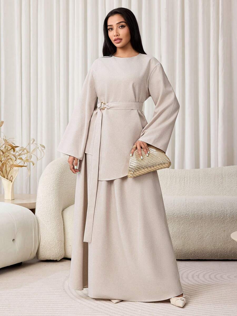 Veilorie Women's Solid Color Round Neck Long Sleeve Shirt And Skirt Casual 2-Piece Set - Grey - View 1