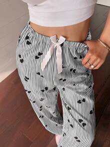 Dream Adore Women's Striped Heart Print Bow Decor Waist Pajama Pants - Black - View 5