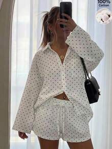 SHEIN EZwear 女款秋季新款休閒度假風黑白波點編織落肩長袖襯衫短褲套裝，適合海灘度假 - 黑與白 - 查看 6