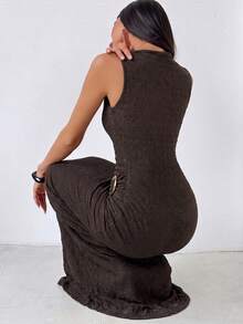 Firerie Metallic Decorative Brown Textured Sleeveless Stretch Dress Elegant Casual Formal Party Going Out Office Vacation Festival - Brown - View 2