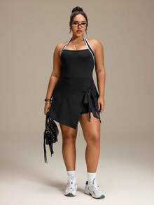 SHEIN Rhythm Era Women's 2 In 1 Tie-Front Hip-Covering Slimming Anti-Exposure Dress - Black - View 6