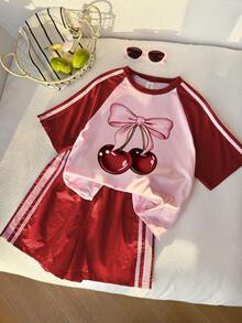 Elladie kids 少女櫻桃印花插肩袖短袖T恤與短褲休閒套裝 - 紅色 - 查看 6