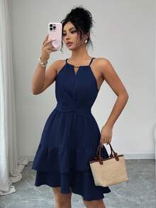 Elenzga 女士春夏优雅卡其色串珠蝴蝶结无袖修身喇叭迷你连衣裙 - 藏蓝色 - 查看 7