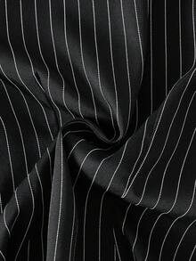SHEIN 1件青少年女孩春秋款黑白通勤簡約風細豎條紋領口收腰長袖襯衫，修身版型，適合日常出遊、職場通勤、商務會議、休閒社交聚會及逛店 - 黑色 - 查看 5