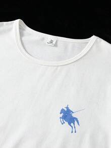 青少年女孩藍色馬匹印花白色短袖上衣與藍黑小格紋長褲休閒兩件式居家服套裝 - 彩色 - 查看 4