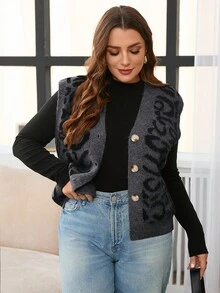 SHEIN Frenchy 秋冬大码休闲豹纹针织背心开衫 - 彩色 - 查看 5