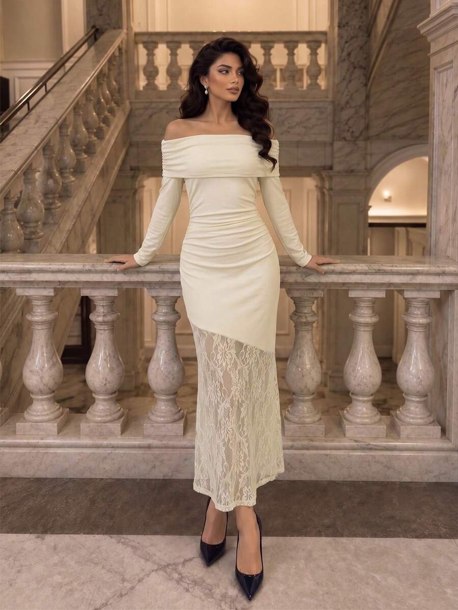 Modelyn فستان حفلة أنيق من الدانتيل مع رقعات بتصميم مكشوف الكتف - لون مشمشي - مشاهدة 1