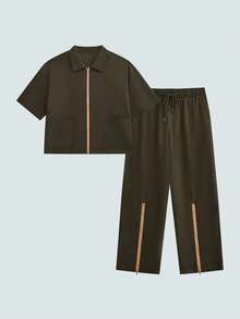 Modcrash Men's New 2-Piece Set, Minimalist Zipper Short Sleeve Top And Long Pants, Street Style Cool Casual Outdoor Daily Wear, Short Shirt And Long Pants, Plus Size - Army Green - View 3