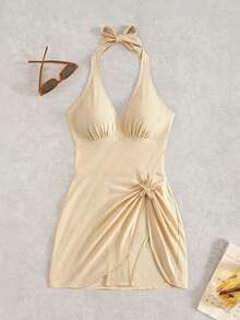 SHEIN Swim 奶油黃掛脖式深V領連身泳衣，自然聚攏胸型，高衩設計，海星裝飾，海灘度假夏季歐風 - 米色 - 查看 2