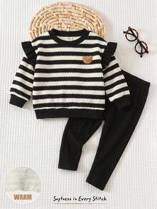 Cozy Pixies Baby Girl Toddler Girl Cartoon Animal Embroidered Patch Pattern Knitted Soft Striped Round Neck Long Sleeve Ruffle Sleeve Pullover Sweatshirt Elastic Waist Slim Fit Long Pants 2-Piece Set Cute Outfit - Black and White - View 6