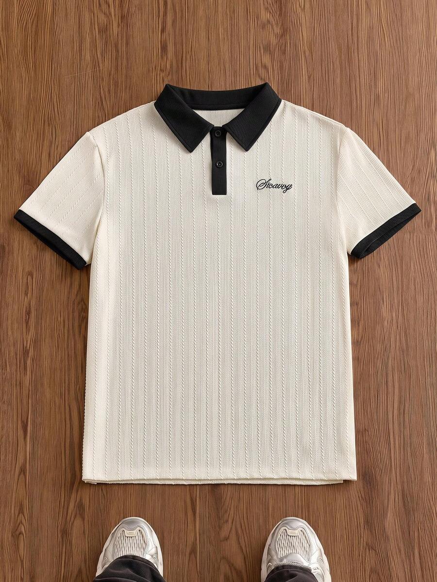 SWAVVY 男士夏季休閒對比色字母刺繡短袖 Polo 衫 - 彩色 - 查看 1