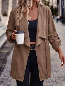 SHEIN LUNE CURVE معطف ترنش نسائي للخريف/الشتاء بياقة وكشكشة وحزام، جاكيت متوسط الطول بأكمام طويلة وخصر برباط، ملابس مناسبات للتنقل اليومي والعمل - قهوة بني - مشاهدة 3