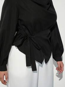 Maija Plus Size Elegant Commuter Solid Color Tie Wrap Blouse - Black - View 6
