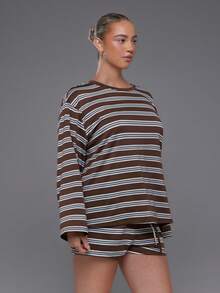 Voyena Women's Plus Size Striped Colorblock Long Sleeve Top And Shorts Casual Daily Sports Set - Coffee Brown - View 4