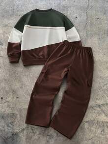 青少年男孩秋季新款2件套，早秋新品長袖衛衣與工裝褲套裝，美式復古街頭風酷帥穿搭，經典軍綠色、米色、大地棕三色拼接字母印花圓領套頭衫，搭配多口袋寬鬆直筒寬腿工裝褲，返校季青少年男孩日常出行運動休閒必備 - 彩色 - 查看 2