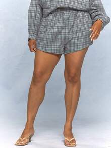 MUSERA Plus Size Cheque Print Shorts Summer Vacation Holiday Elegant Casual Girly Everyday Cute Soft Social Brunch Grey Club - Multicolor - View 3