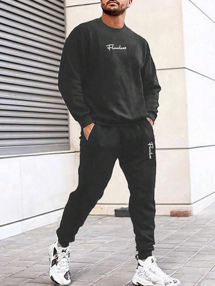 SHEIN Cottnline Men Letter Graphic Sweatshirt & Sweatpants - Dark Grey - View 1