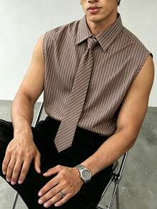 Manfinity Dauomo 男士休閒街頭風棕色條紋領結設計無袖襯衫 商務辦公夏季款 - 咖啡棕 - 查看 3