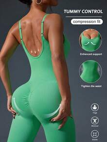 Slayform Slayform 1 buah Jumpsuit Olahraga Wanita Warna Polos dengan Kerah Bulat Elastis dan Model Skinny - Mint Green - View 2