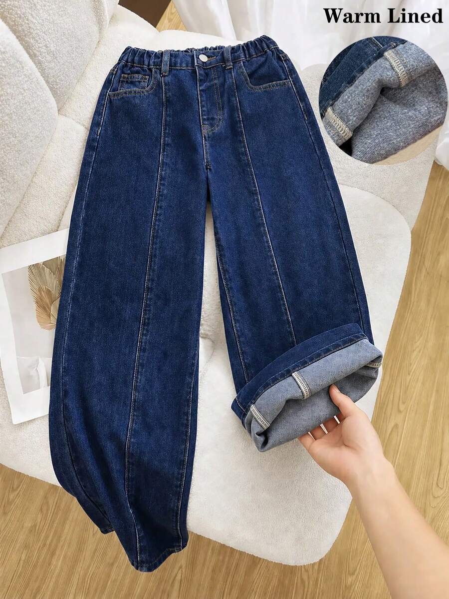 SHEIN 女款新款 Y2K 復古深藍色磨損牛仔褲，中高腰寬鬆直筒寬腿長褲，百搭修身時尚款，柔軟棉質面料，適合度假、日常穿著、上學、通勤、派對、節慶