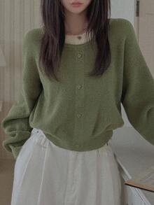 DAZY Patchwork 2 In 1 Loose Round Neck Long Sleeve Button Decor Casual Vacation Pullover Knit Sweater For Women Autumn/Winter - Green - View 3