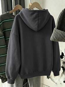 SHEIN 青少年女孩刺繡寬鬆衛衣，舒適厚實柔軟保暖連帽秋季上衣，開學季穿搭 - 深灰色 - 查看 2