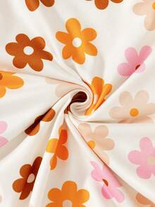 SHEIN Vintaside Kids 2套女嬰春秋套裝，純色與滿版印花圓領長袖荷葉肩設計搭配長褲，花卉滿版印花圓領長袖荷葉肩設計搭配長褲，4件套，舒適休閒可愛風 - 橘色 - 查看 8