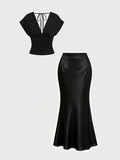 Sweetra Women's V-Neck Waist-Cinching Short Sleeve Satin Long Skirt 2-Piece Set, Casual Daily Wear, Sexy Elegant Style