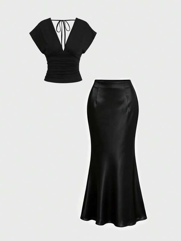Sweetra Women's V-Neck Waist-Cinching Short Sleeve Satin Long Skirt 2-Piece Set, Casual Daily Wear, Sexy Elegant Style
