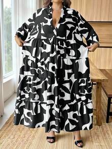 SHEIN CURVE+ Women's Plus Size Fashion Commuter All-Over Print Dress Fall - Black and White - View 5