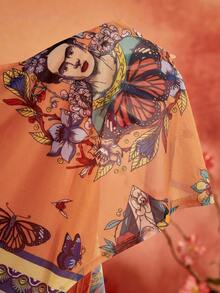Glamance Frida Kahlo X SHEIN 肖像花卉色塊絲巾對稱圖案印花深V領荷葉邊袖口寬鬆短版上衣 腰臀比優雅成熟休閒性感 外出上班辦公室日常聚會派對生日度假中東旅行海灘泳裝波西米亞夏季 - 彩色 - 查看 3