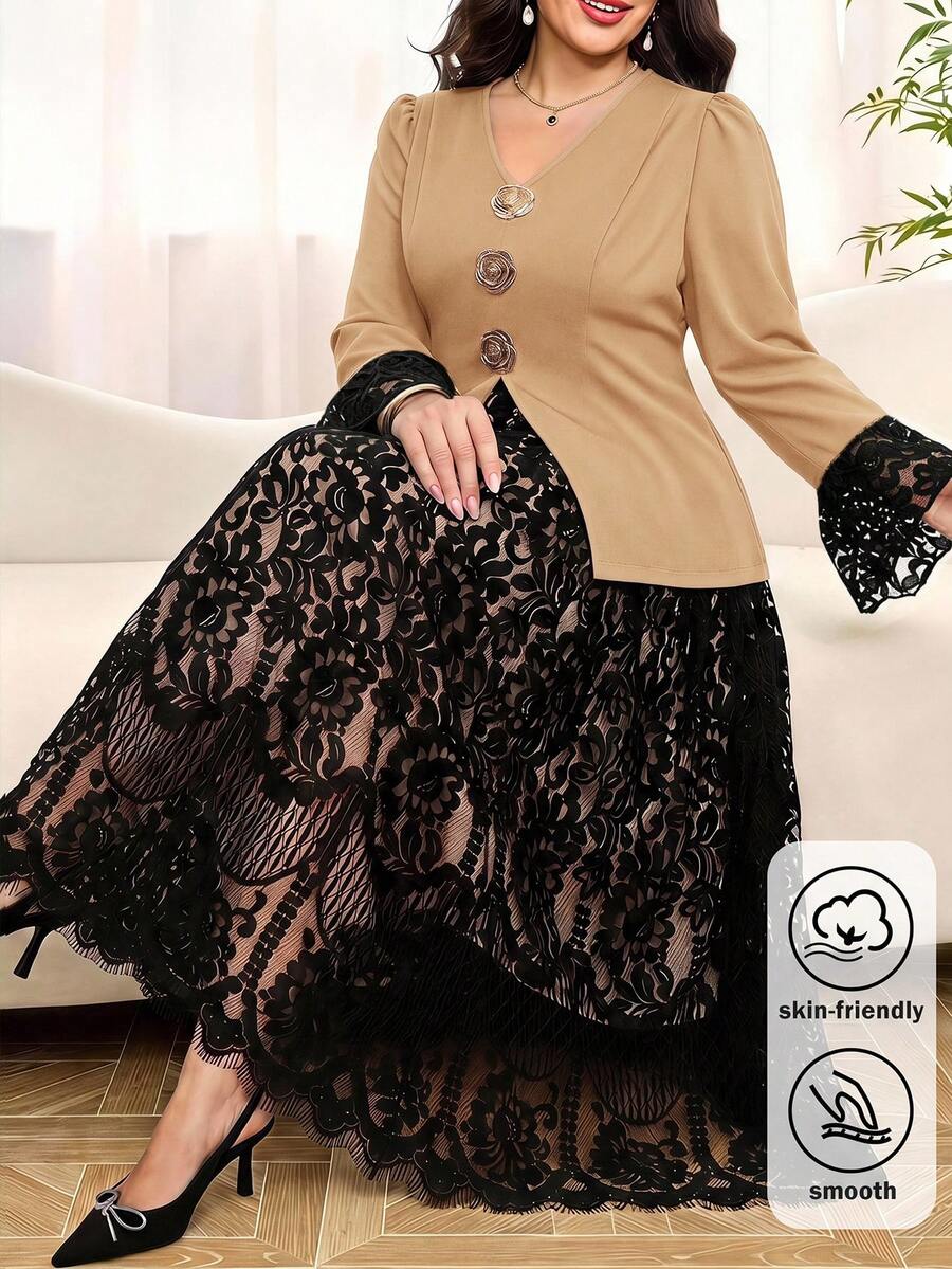 SHEIN Clasi 大尺碼女款兩件套,四季穿著,優雅花卉網格拼接夾克與裙子套裝,適合婚禮、晚餐、晚宴,黑色夏季款 - 駝色 - 查看 1