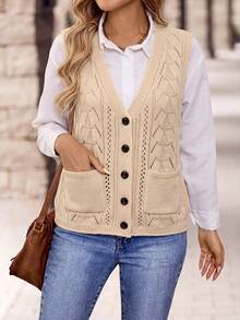 EMERY ROSE Women's V-Neck Single Breasted Pocketed Sleeveless Textured Loose Fit Sweater Vest For Daily - Apricot - View 6