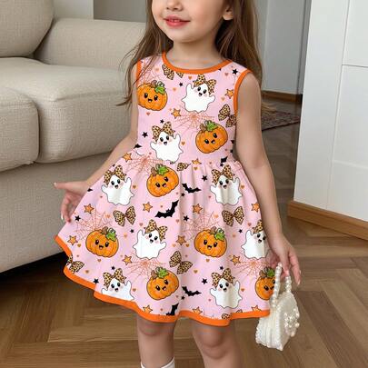 ハロウィン、若い女の子カジュアルミニマリストかわいい光沢テクスチャハロウィンゴースト、かぼちゃ、コウモリ柄、かぼちゃ色、ミドル丈ドレス、夏、秋/冬レイヤリングに適しています、パーティーのルック、かわいいドレス、カワイイ、