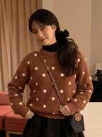 Women's Brown And White Polka Dot Loose Long Sleeve Crew Neck Casual French Vacation Vintage Streetwear Fall Pullover Knit Sweater Everyday Date
