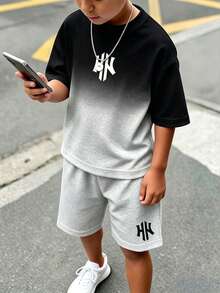 青少年男孩休閒舒適時尚極簡圓領短袖T恤與短褲套裝 - 彩色 - 查看 2