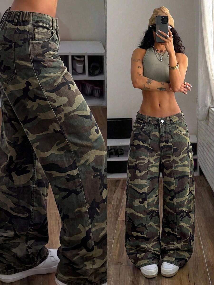 StreetHx 女款迷彩寬鬆低腰彎腿牛仔褲 - 軍綠色 - 查看 1