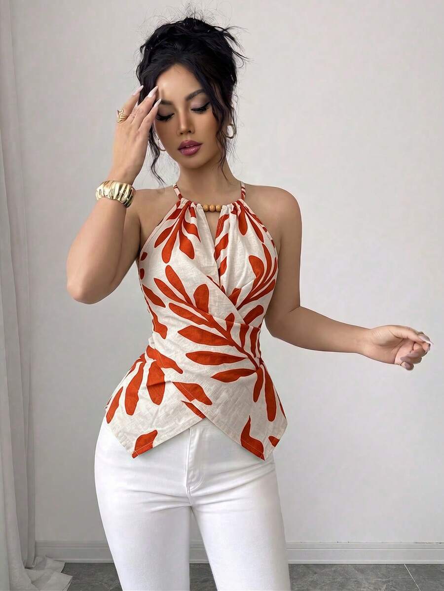 Elenzga 女款夏季優雅通勤休閒杏色葉子印花無袖掛脖領蝴蝶結領口木珠裝飾不對稱下擺腰部交叉綁帶設計修身顯瘦收腰背心 - 亮橙色 - 查看 1