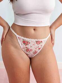 SHEIN Rosa romantiska pastorala plus size-trosor med blommigt tryck och spetspatchwork - Rosa - Visa 5