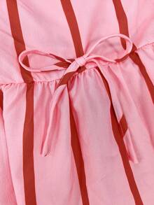 Vionelle Plus Size Pink Striped Bowknot Short Sleeve 2 Pieces Set - Pink - View 4
